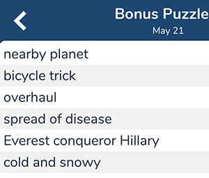 May 21st 7 little words bonus answers